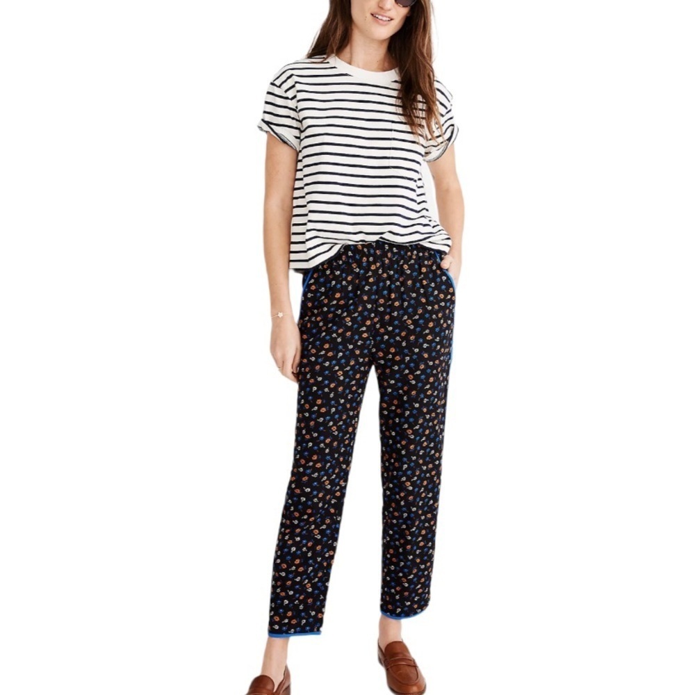 Madewell Prairie Posies Black Floral Cobalt Blue Piping Track Trousers - Picture 2 of 11